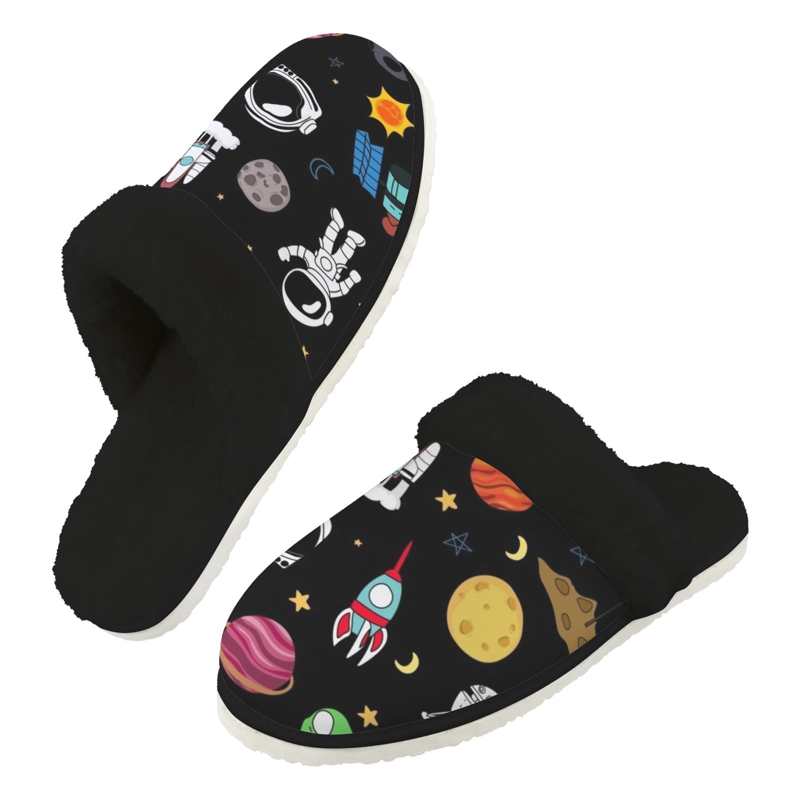 Fun Space Men's Fur Trim Thick-Sole Indoor Slippers 2XL Men's Fur Trimmed Slippers Printed Offshore Space