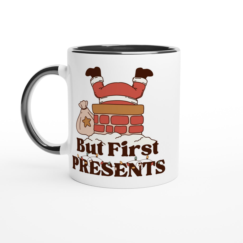 But First Presents, Santa In Chimney - 11oz Ceramic Mug Ceramic Black Christmas Colour Mug Christmas Globally Fulfilled