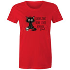 Living That nine Lives Kind Of Tired, Frazzled Cat - Womens T-shirt Red Womens T-shirt animal Coffee Printed In Australia