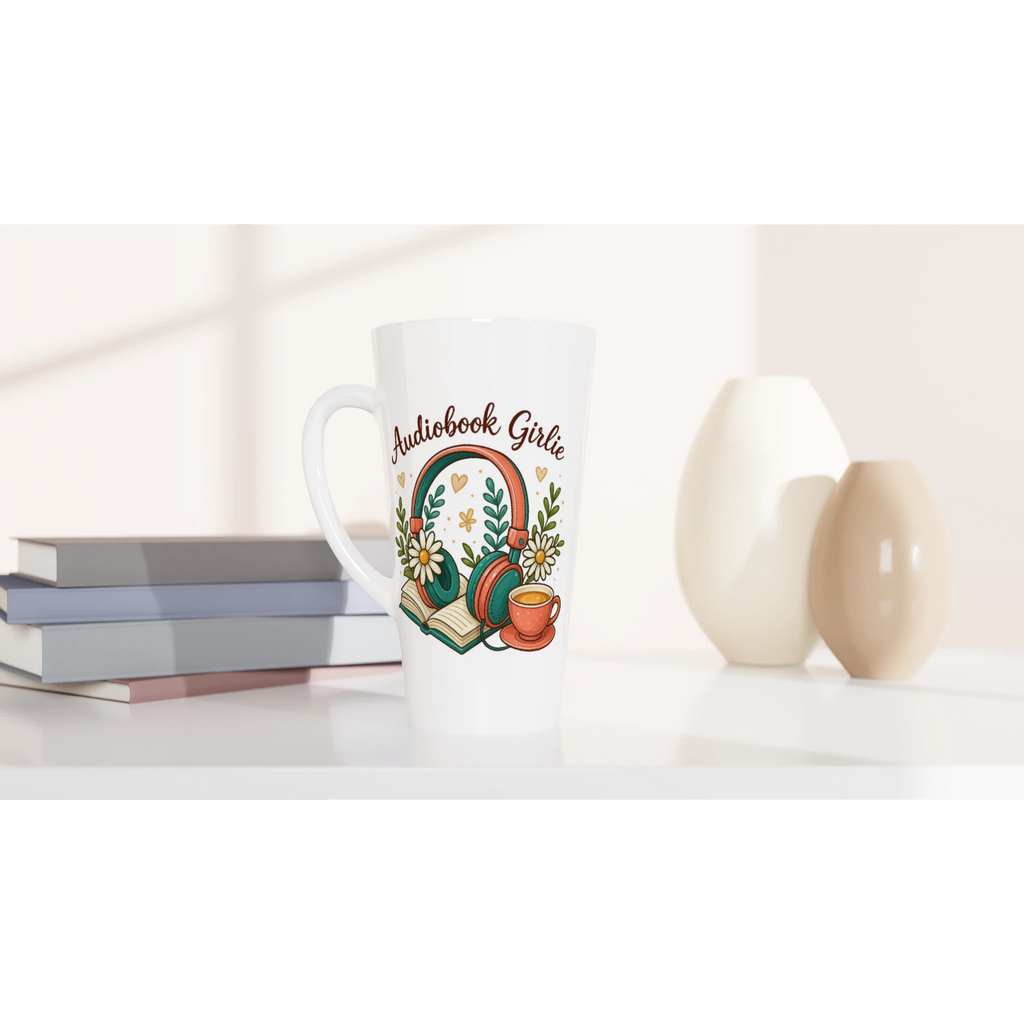 Audiobook Girlie - White Latte 17oz Ceramic Mug Latte Mug Globally Fulfilled Reading