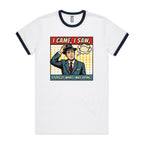 I Came, I Saw, I Forgot What I Was Doing, Retro Gentleman Men's AS Colour Ringer Tee White Navy Ringer T-Shirt comic Printed In Australia