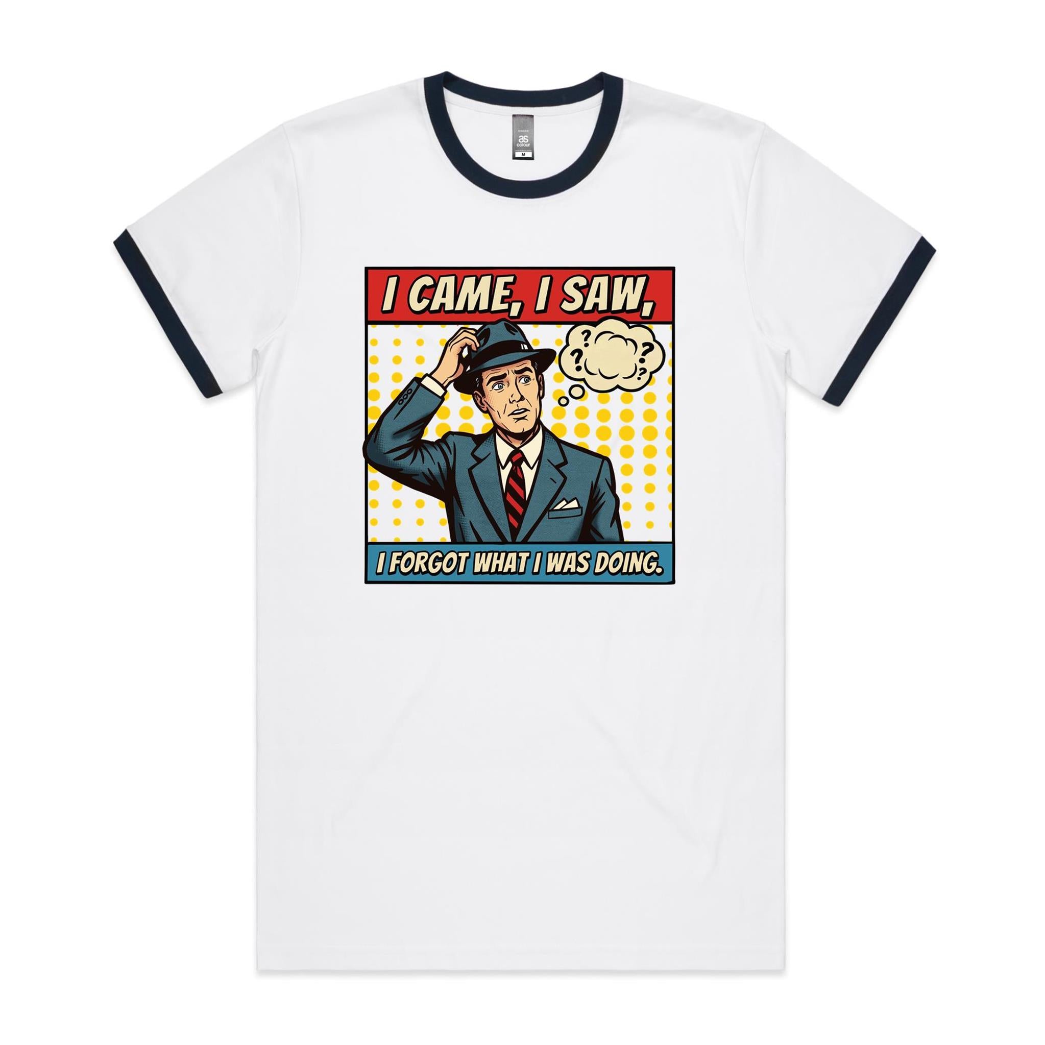 I Came, I Saw, I Forgot What I Was Doing, Retro Gentleman Men's AS Colour Ringer Tee White Navy Ringer T-Shirt comic Printed In Australia
