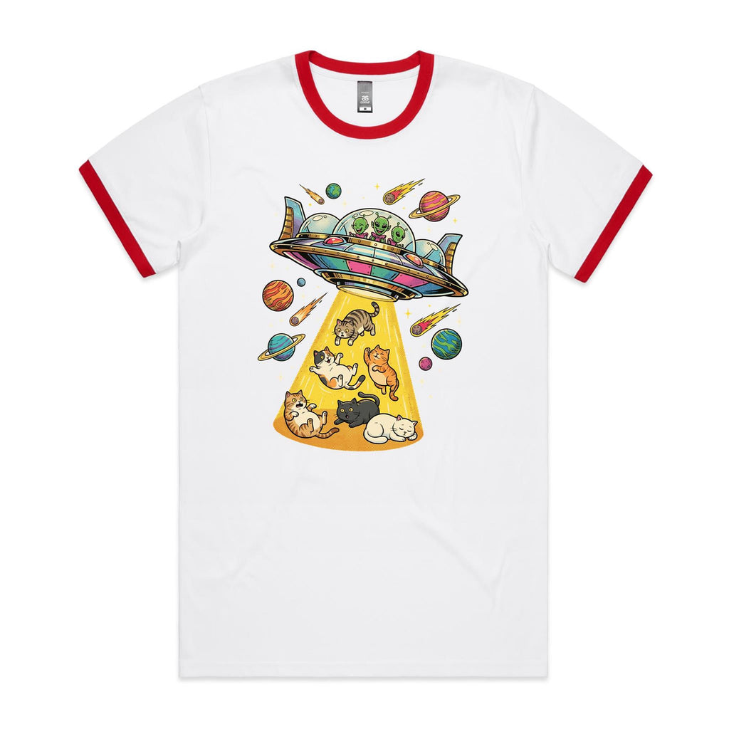 UFO Cat Abduction Men's AS Colour Ringer Tee White Red Ringer T-Shirt animal Printed In Australia Sci Fi