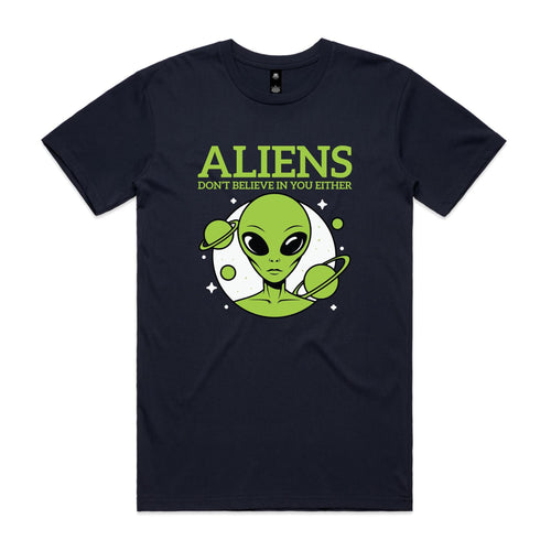 Aliens Don't Believe In You Either Men's AS Colour T-shirt Navy Mens T-shirt Printed In Australia Sci Fi