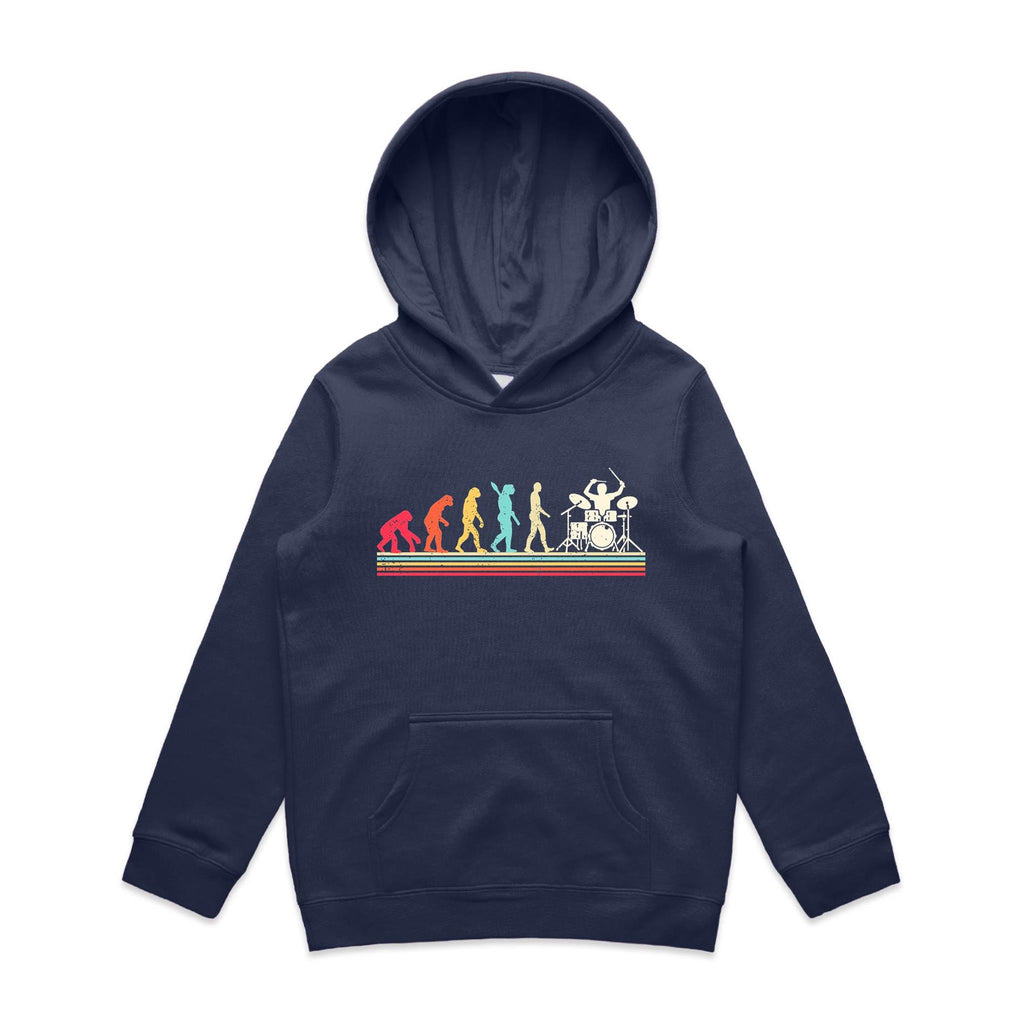 Drummer Evolution - Kids Hoodie Midnight Blue Kids Hoodie Music Printed In Australia