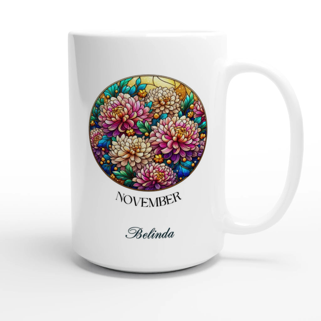 Personalise - Stained Glass Birth Month Flowers - White 15oz Ceramic Mug Personalised 15oz Mug Birthday customise Globally Fulfilled Name personalise Plants
