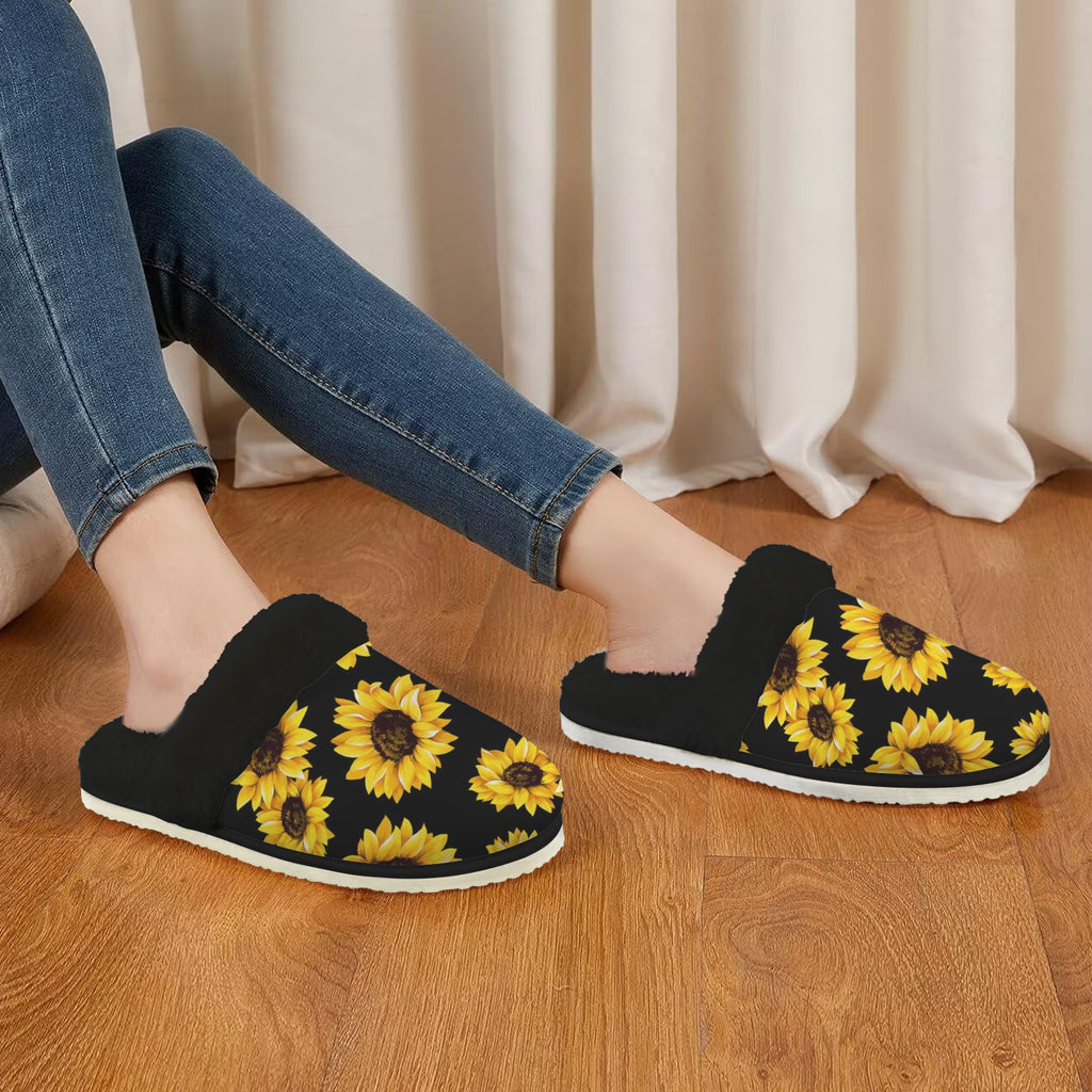 Sunflowers On Black Women's Fur Trim Thick-Sole Indoor Slippers Women's Fur Trimmed Slippers Plants Printed Offshore