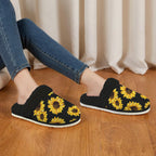 Sunflowers On Black Women's Fur Trim Thick-Sole Indoor Slippers Women's Fur Trimmed Slippers Plants Printed Offshore
