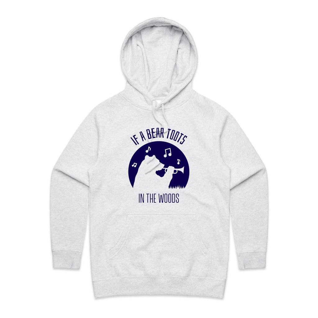 If A Bear Toots In The Woods, Trumpet Player - Womens Hoodie White Marle Womens Hoodie animal Music Printed In Australia