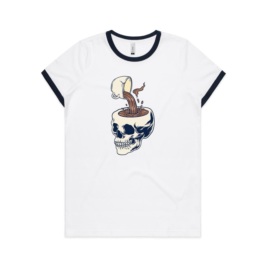 Coffee Skull - Women's Ringer Tee White Navy Womens Ringer T-shirt Coffee Printed In Australia