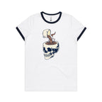Coffee Skull - Women's Ringer Tee White Navy Womens Ringer T-shirt Coffee Printed In Australia