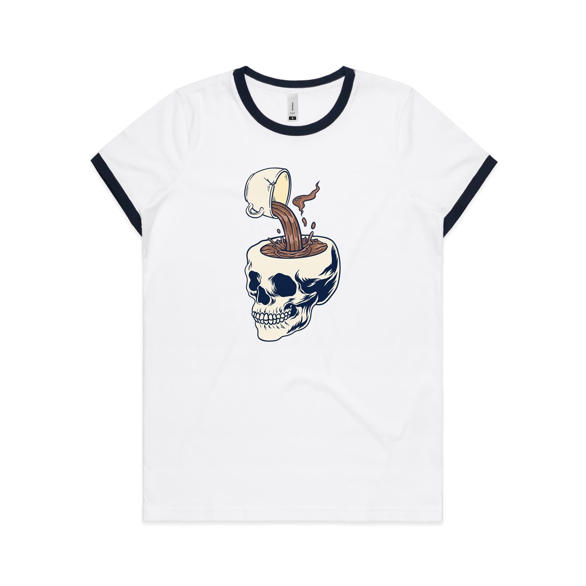 Coffee Skull - Women's Ringer Tee White Navy Womens Ringer T-shirt Coffee Printed In Australia