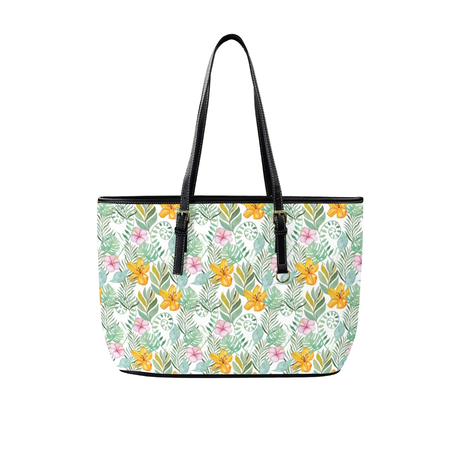 Tropical Flowers And Leaves PU Leather Tote Bag Large One Size Leather Tote Bag-Large Plants Printed Offshore