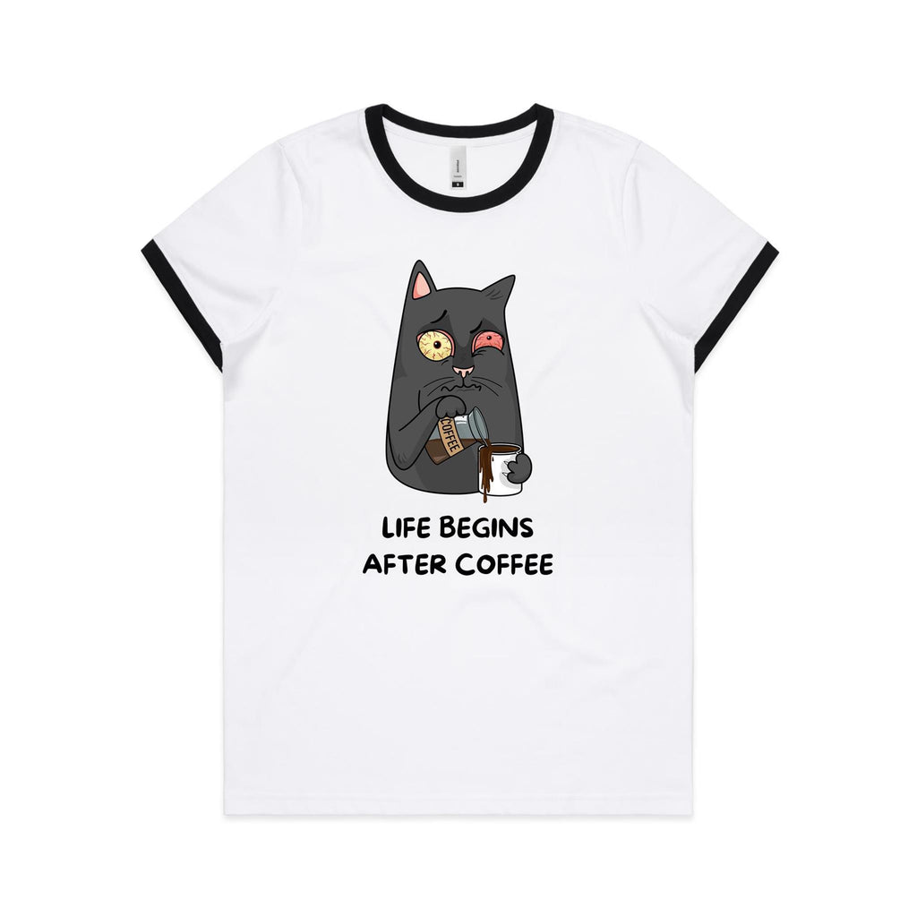 Life Begins After Coffee, Cat - Women's Ringer Tee White Black Womens Ringer T-shirt animal Coffee Printed In Australia