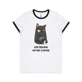 Life Begins After Coffee, Cat Women's AS Colour Ringer Tee White Black Womens Ringer T-shirt animal Coffee Printed In Australia