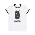 Life Begins After Coffee, Cat - Women's Ringer Tee White Black Womens Ringer T-shirt animal Coffee Printed In Australia