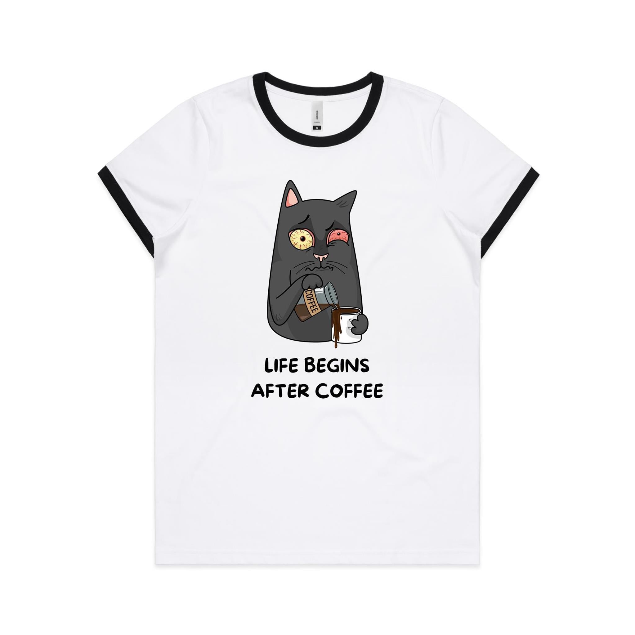 Life Begins After Coffee, Cat - Women's Ringer Tee White Black Womens Ringer T-shirt animal Coffee Printed In Australia