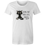 Living That nine Lives Kind Of Tired, Frazzled Cat - Womens T-shirt White Womens T-shirt animal Coffee Printed In Australia