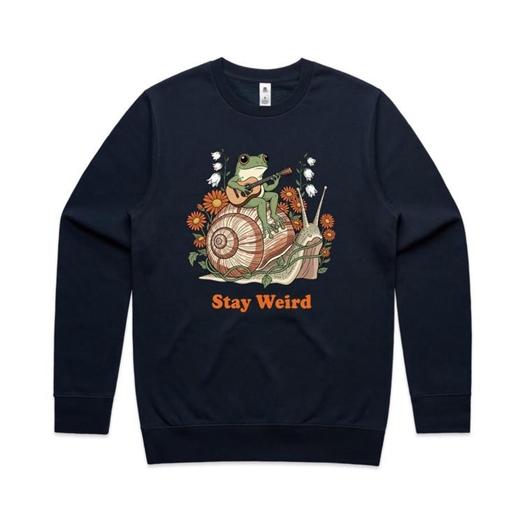 Stay Weird, Guitar Playing Frog On A Snail AS Colour Stencil Crew Sweatshirt Unisex Navy Sweatshirt animal Music Printed In Australia