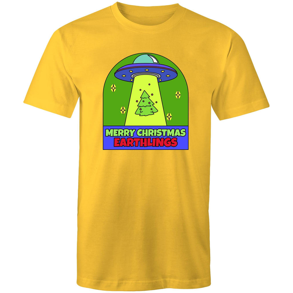 Merry Christmas Earthlings, UFO - Mens T-Shirt Yellow Mens Christmas T-shirt Christmas Printed In Australia