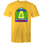 Merry Christmas Earthlings, UFO - Mens T-Shirt Yellow Mens Christmas T-shirt Christmas Printed In Australia