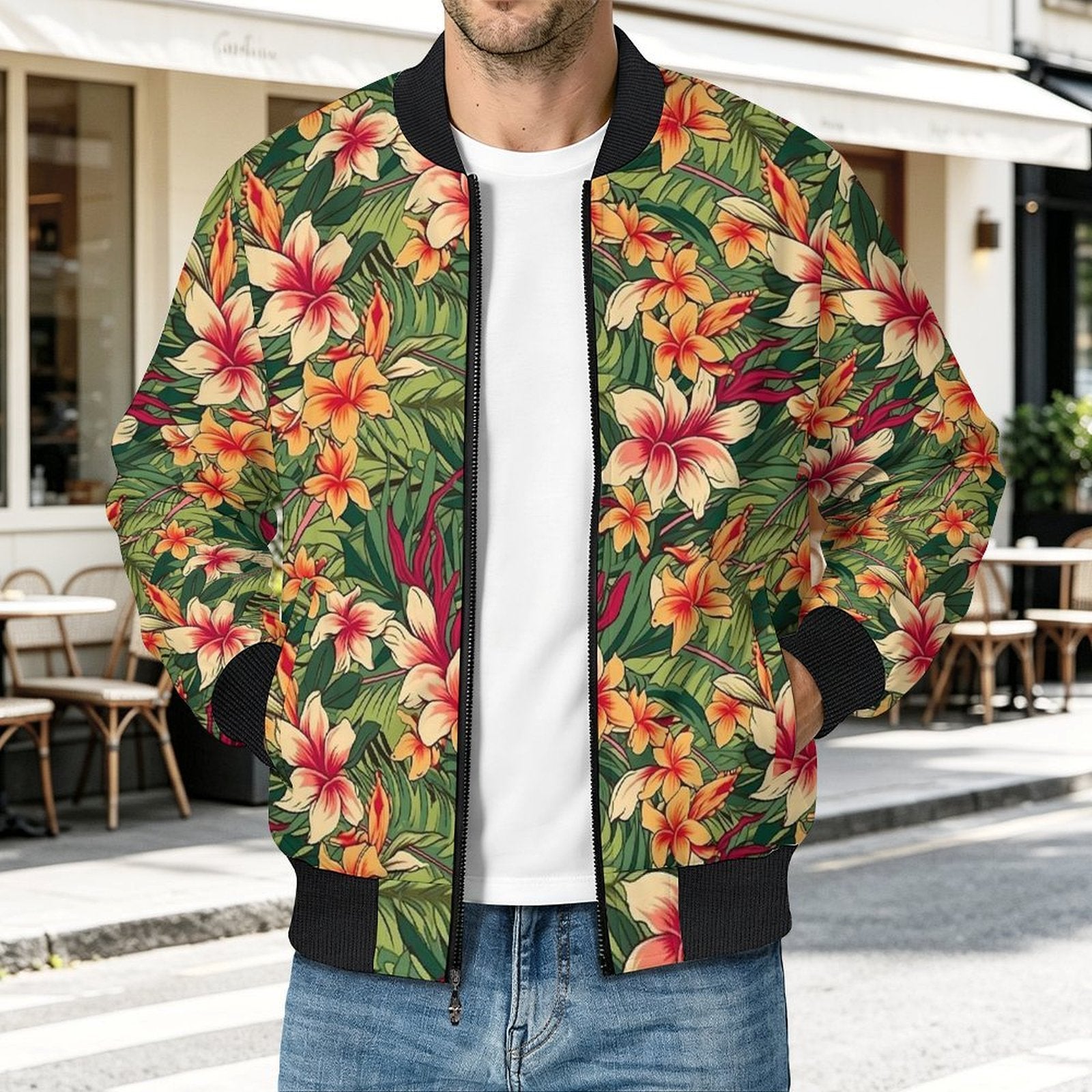 Vintage Hawaiian Floral Men's Casual Zip‑Up Bomber Jacket