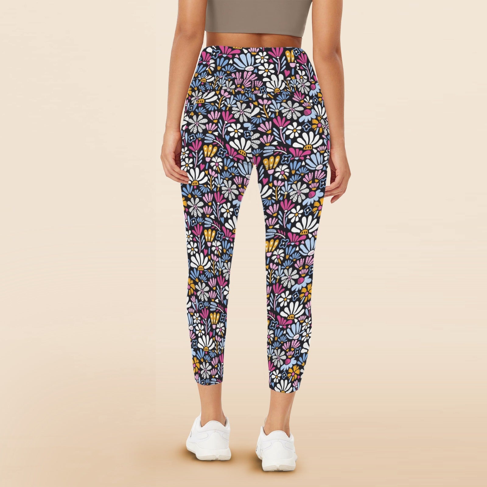 Graphic Flowers On Black Women's High Waist Pockets Yoga Leggings Women's High Waist Pockets Yoga Leggings Plants Printed Offshore