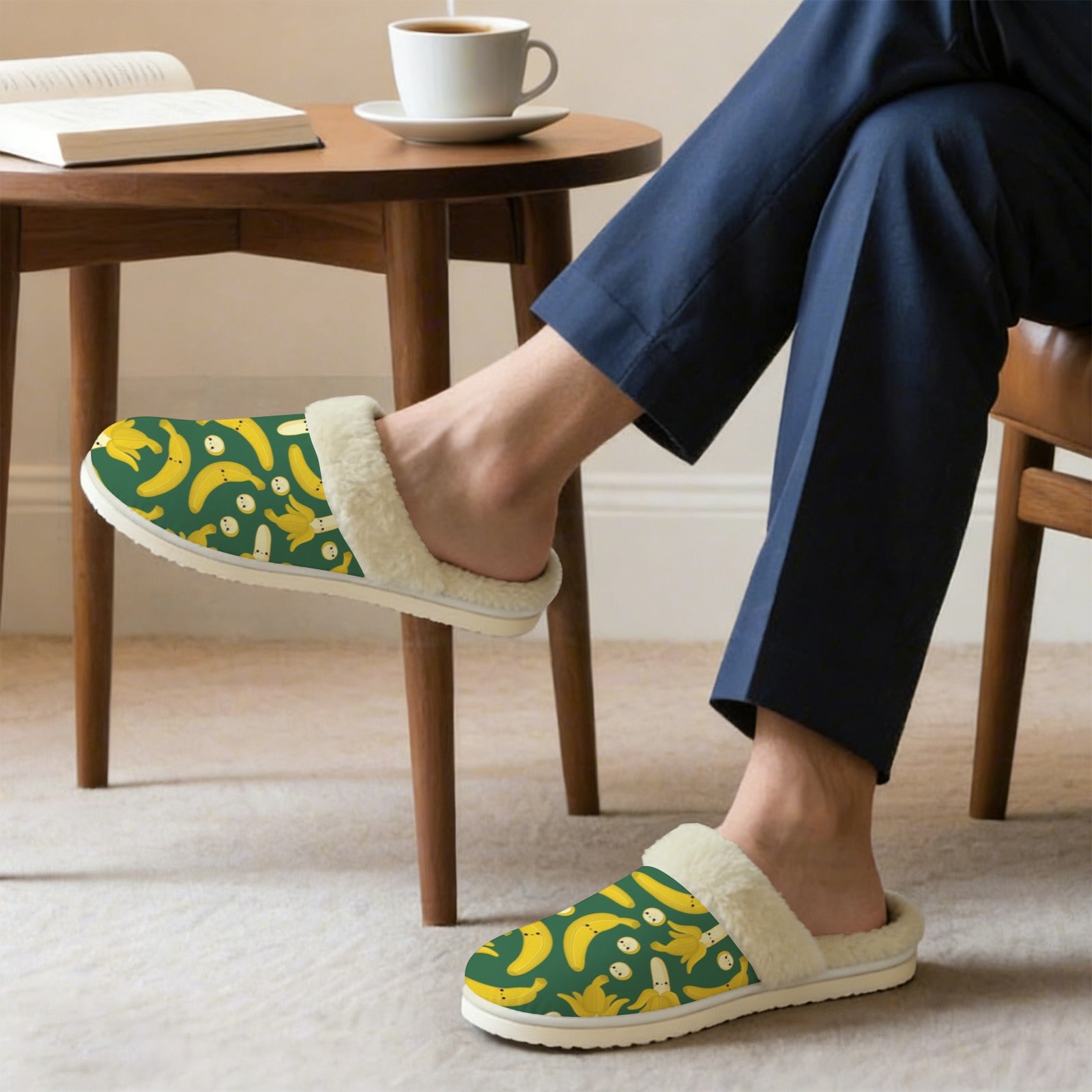 Happy Bananas Men's Fur Trim Thick-Sole Indoor Slippers Men's Fur Trimmed Slippers Food Printed Offshore