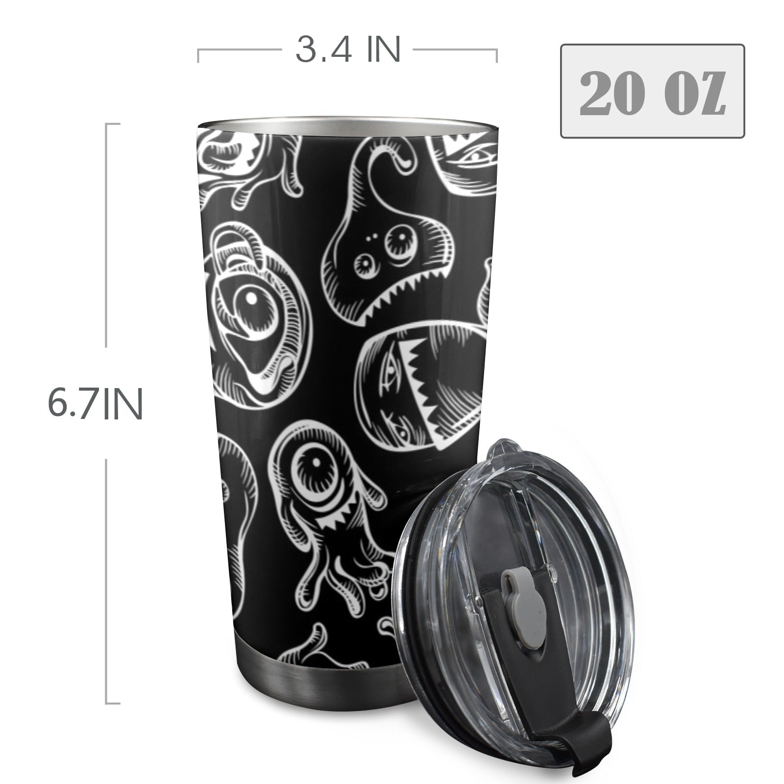 Monsters In Black And White - 20oz Mobile Tumbler with Lid (Black Lock) 20oz Travel Mug Printed Offshore Sci Fi