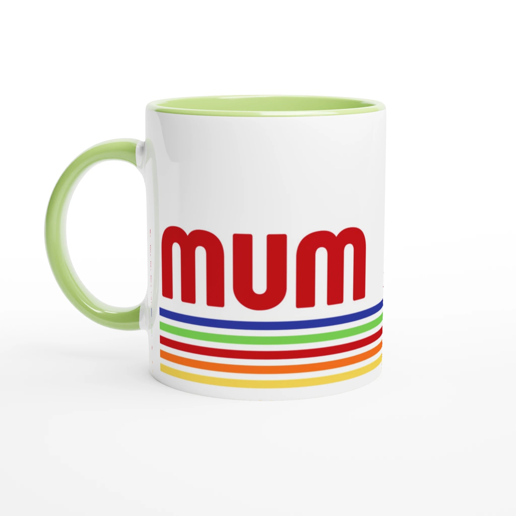 Mum Mug With Retro Stripes - White 11oz Ceramic Mug with Colour Inside Ceramic Green Colour 11oz Mug Globally Fulfilled Mum
