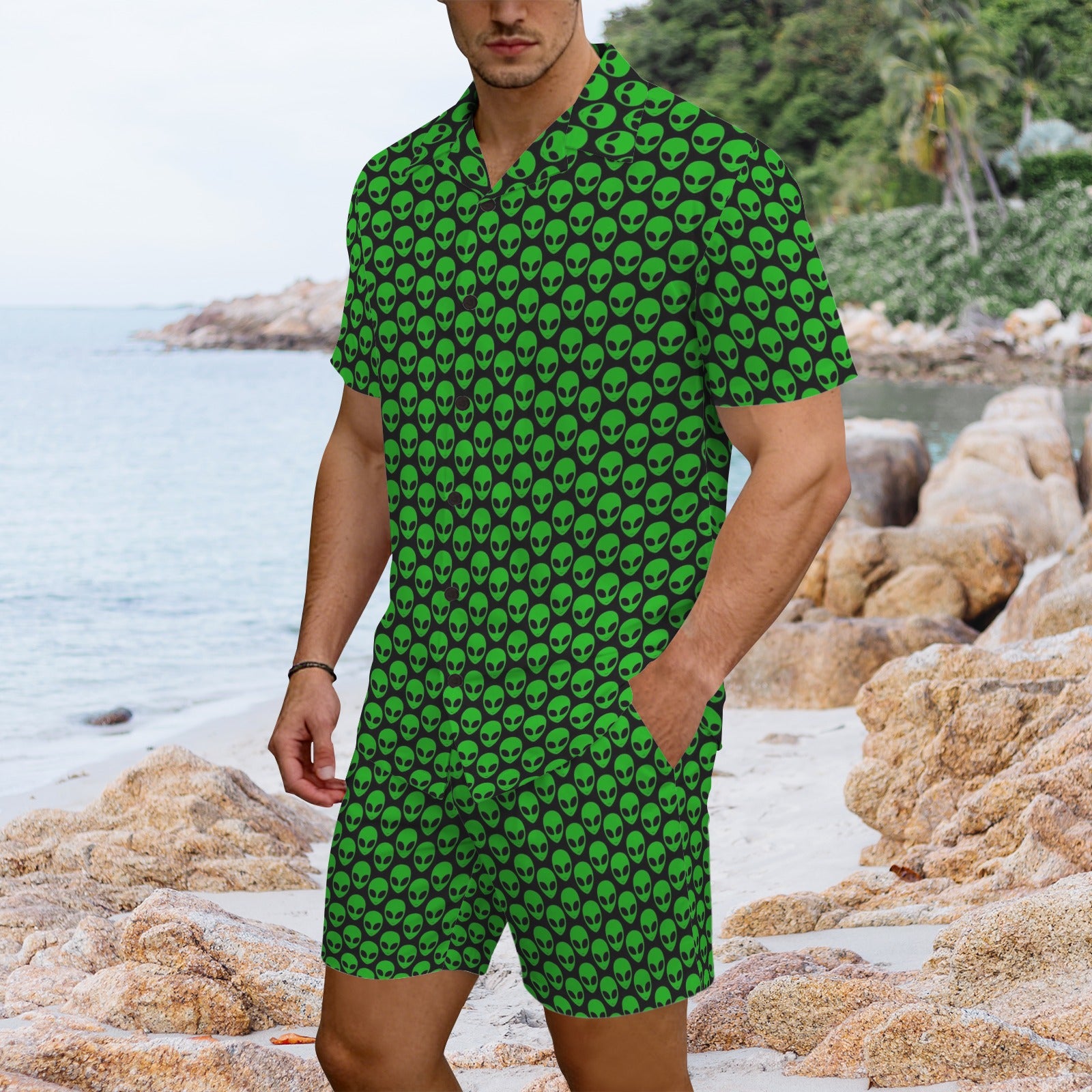Aliens Men's Hawaiian Shirt & Shorts Set Men's Hawaiian Shirt & Shorts Set Printed Offshore Sci-Fi