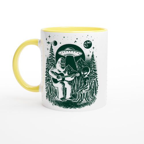Alien And Bigfoot Play Guitar - White 11oz Ceramic Mug with Color Inside Ceramic Yellow Colour 11oz Mug Globally Fulfilled Music Sci Fi