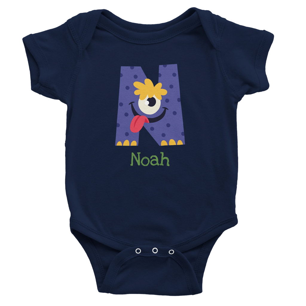 Monster Initial - Personalised Classic Baby Short Sleeve Bodysuit Navy Personalised Baby Bodysuit customise Globally Fulfilled personalise