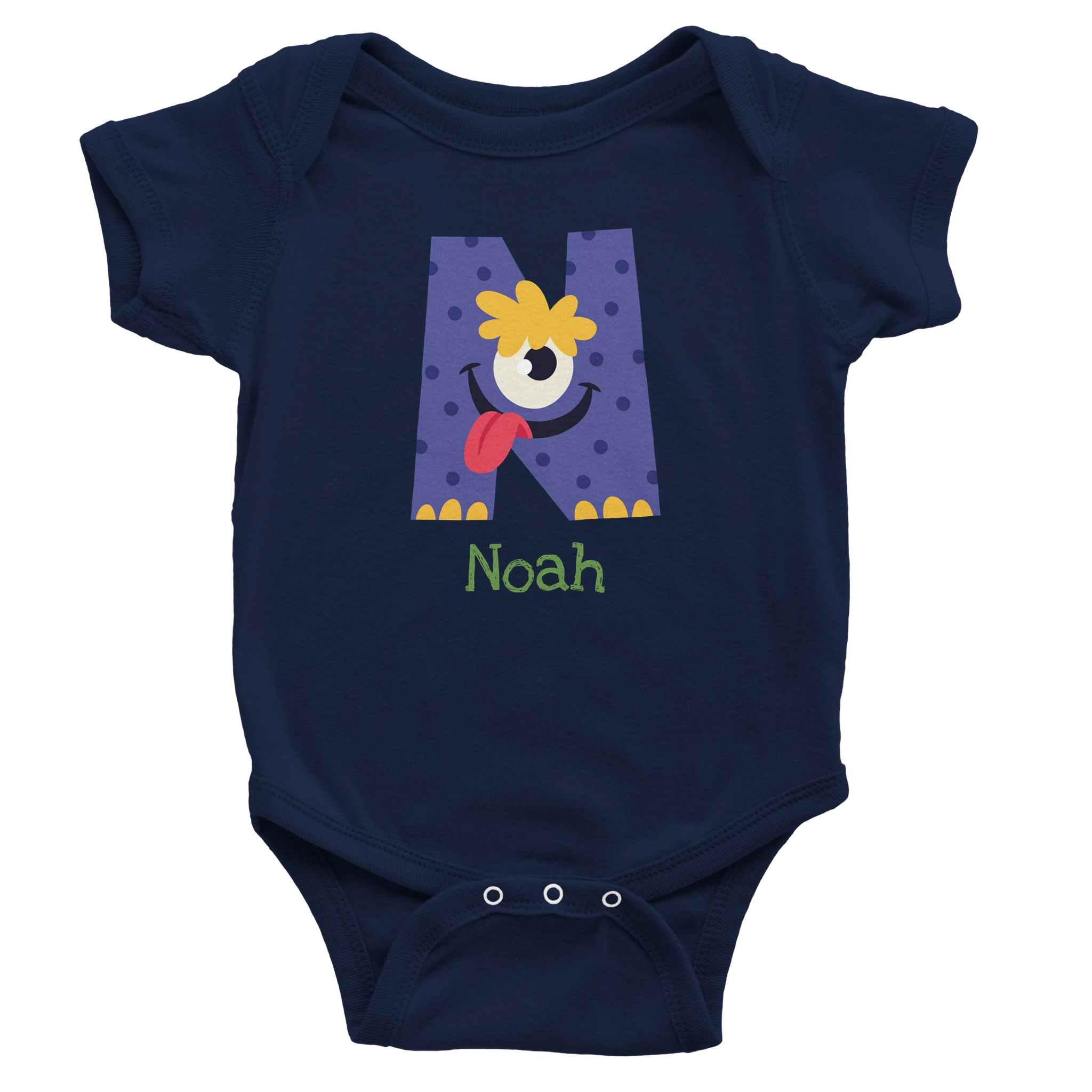 Monster Initial - Personalised Classic Baby Short Sleeve Bodysuit Navy Personalised Baby Bodysuit customise Globally Fulfilled personalise