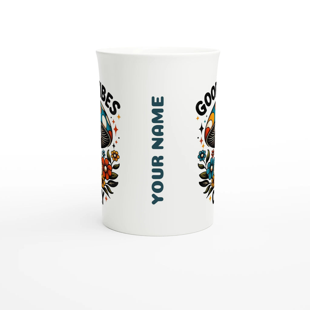 Personalised Good Vibes Only, Hippie Mushroom With Sunglasses White 10oz Porcelain Slim Mug Personalised Porcelain Mug Globally Fulfilled