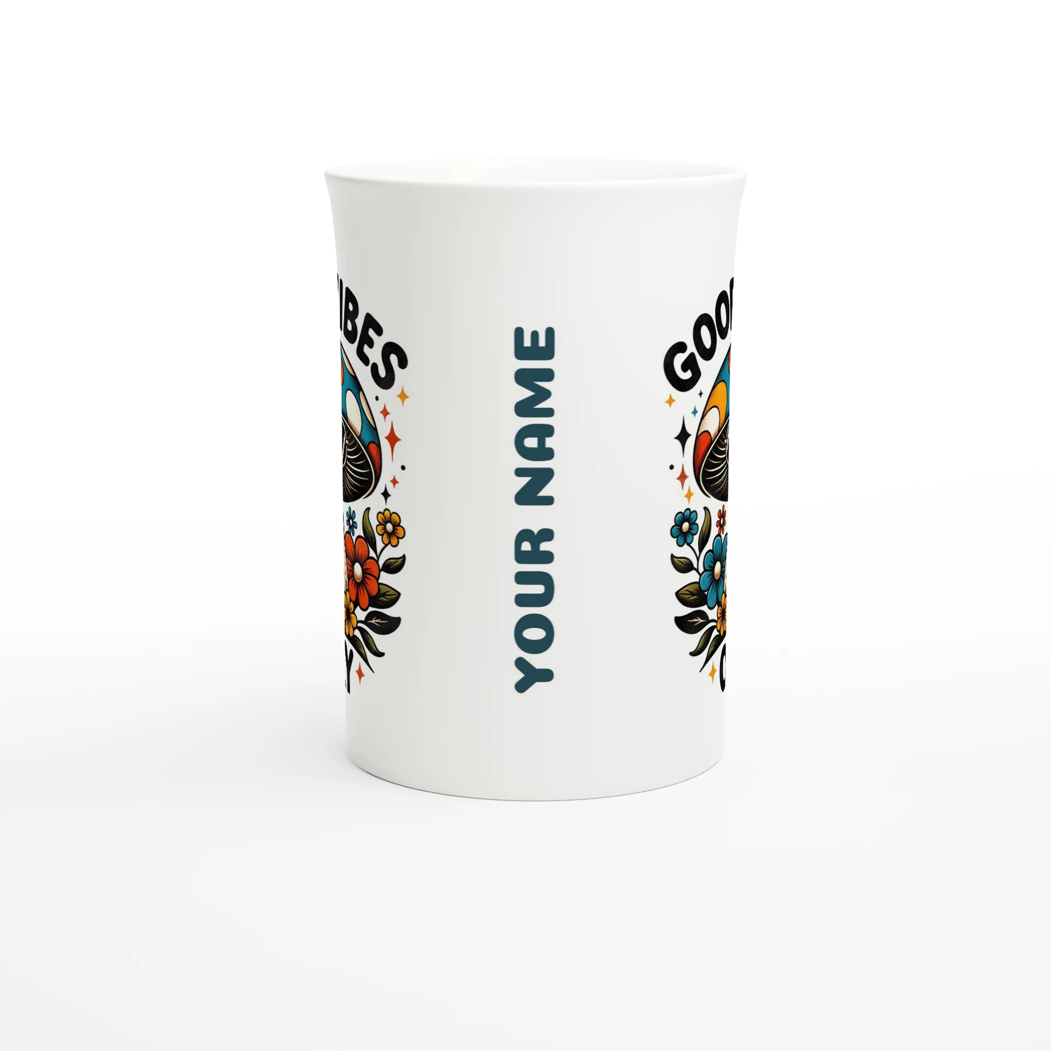 Personalised Good Vibes Only, Hippie Mushroom With Sunglasses White 10oz Porcelain Slim Mug Personalised Porcelain Mug Globally Fulfilled