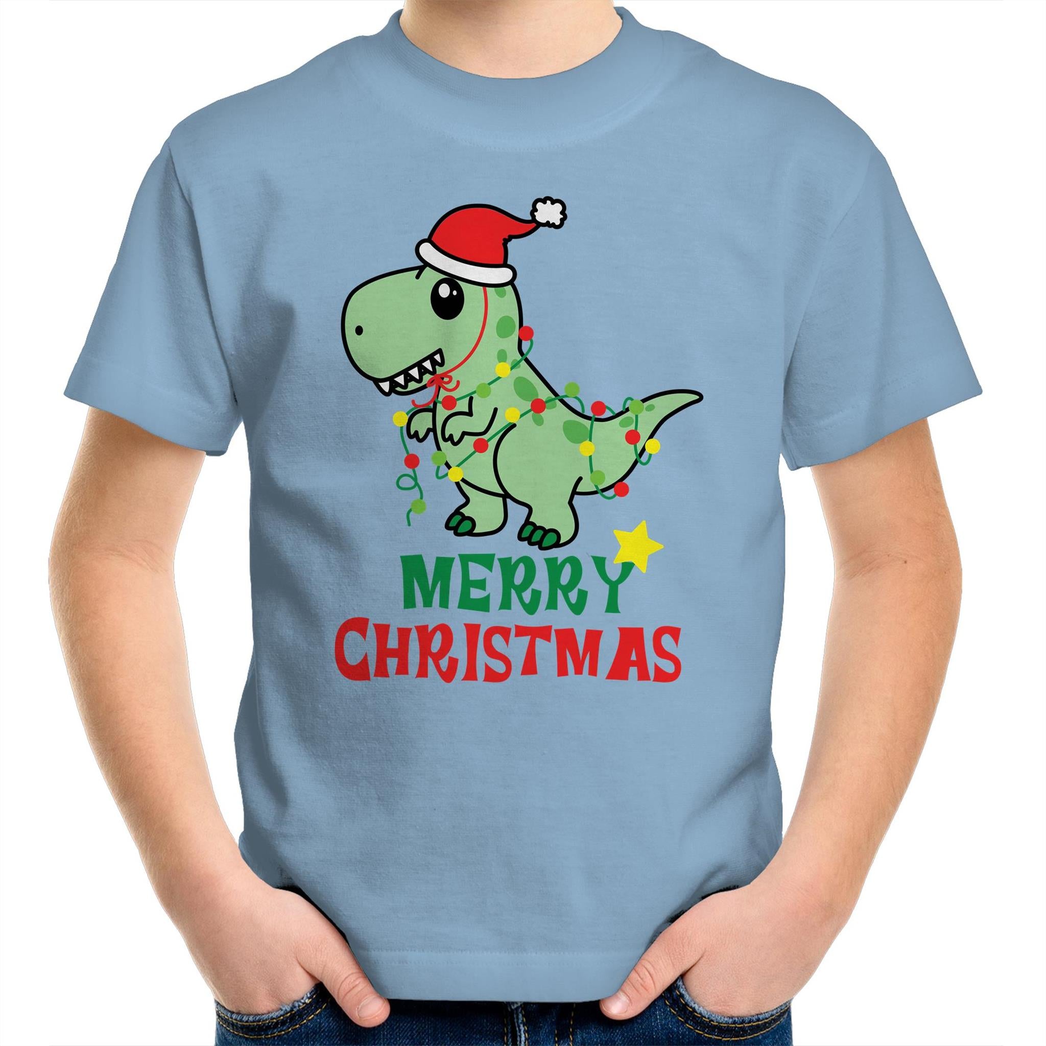 Dinosaur Santa, Merry Christmas - Kids Youth T-Shirt Carolina Blue Kids Christmas T-shirt Christmas Printed In Australia