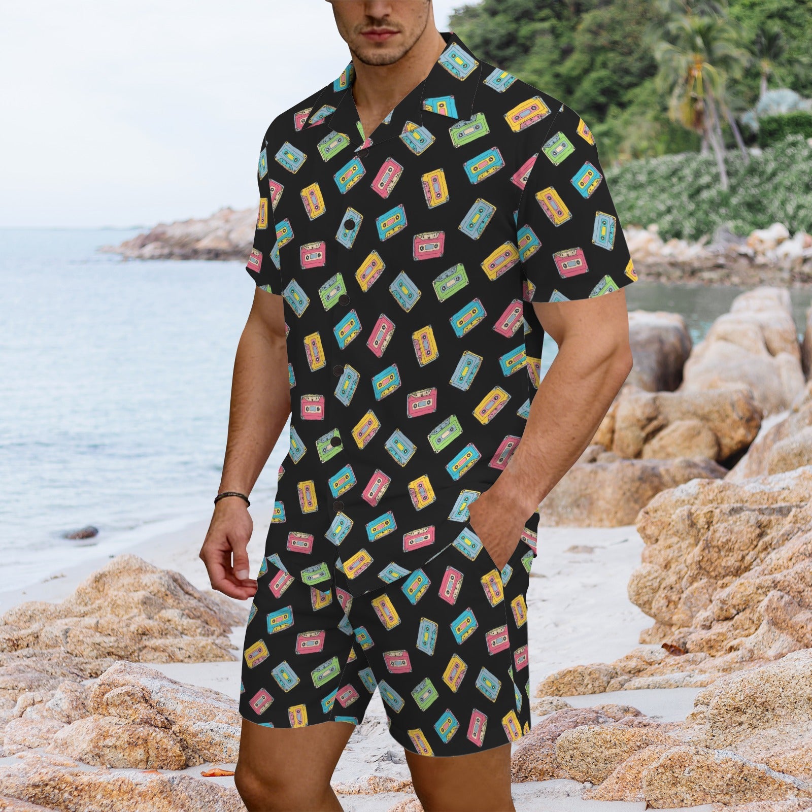 Colourful Cassettes Men's Hawaiian Shirt & Shorts Set Men's Hawaiian Shirt & Shorts Set Music Printed Offshore