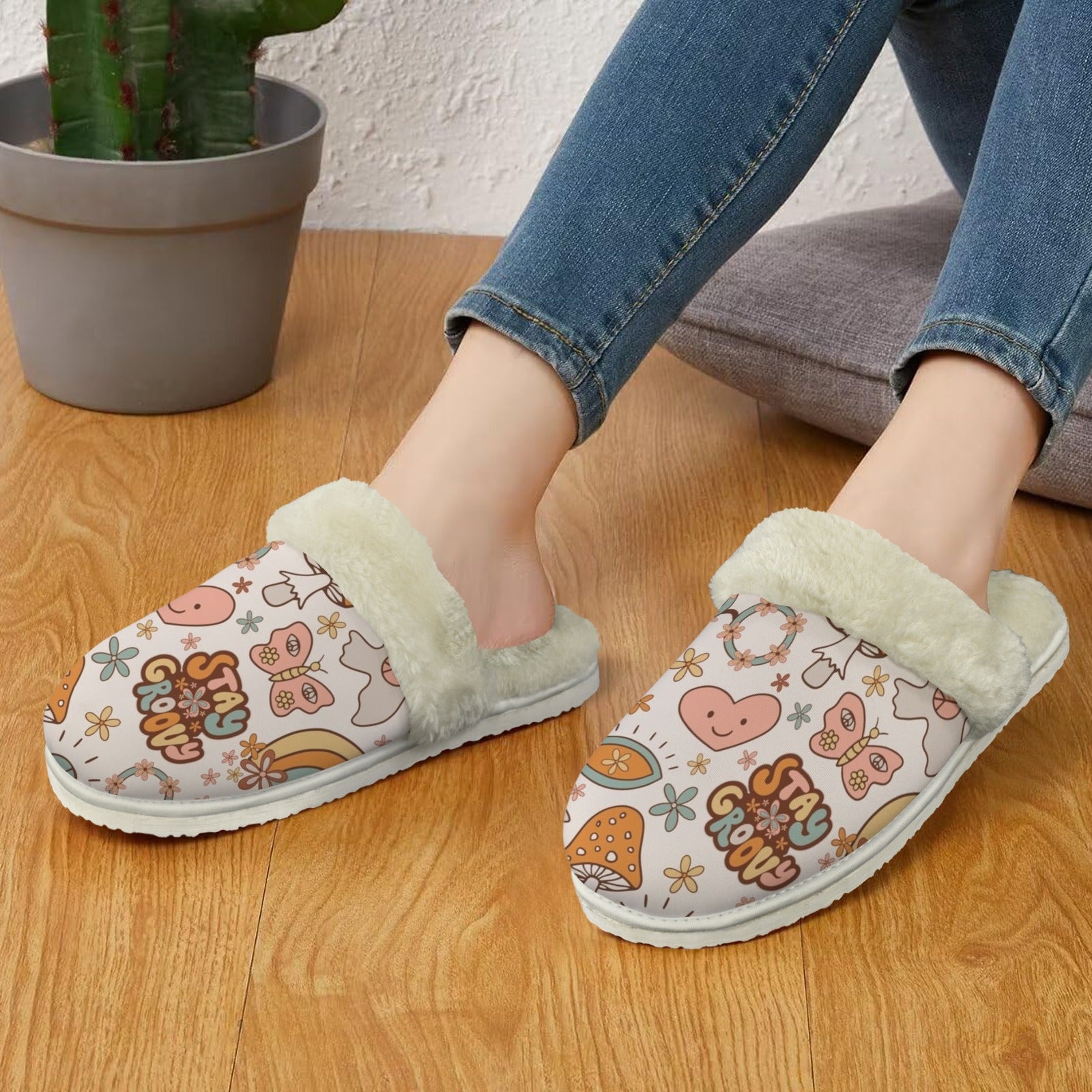 Peace And Love Women's Fur Trim Thick-Sole Indoor Slippers Women's Fur Trimmed Slippers Printed Offshore Retro