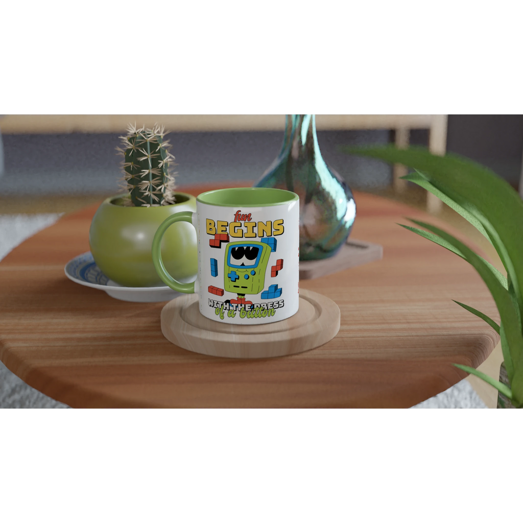 Personalised - Fun Begins With The Press Of A Button - White 11oz Ceramic Mug Personalised 11oz Mug customise Games Globally Fulfilled personalise