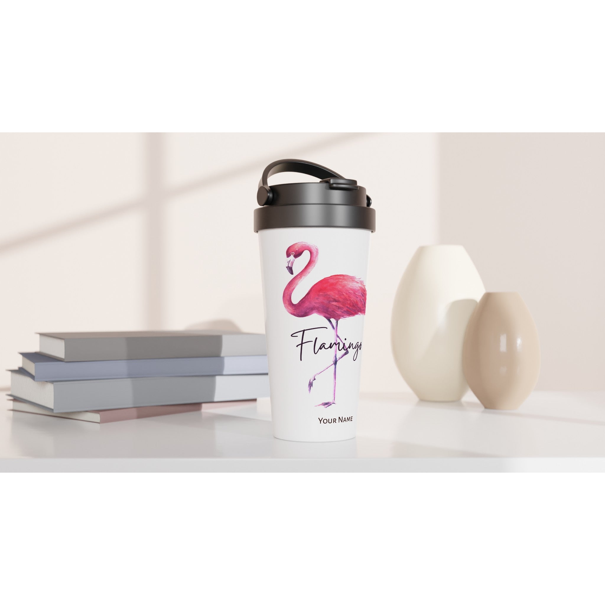 Personalised - Flamingo - White 15oz Stainless Steel Travel Mug Personalised Travel Mug animal coffee customise Globally Fulfilled personalise