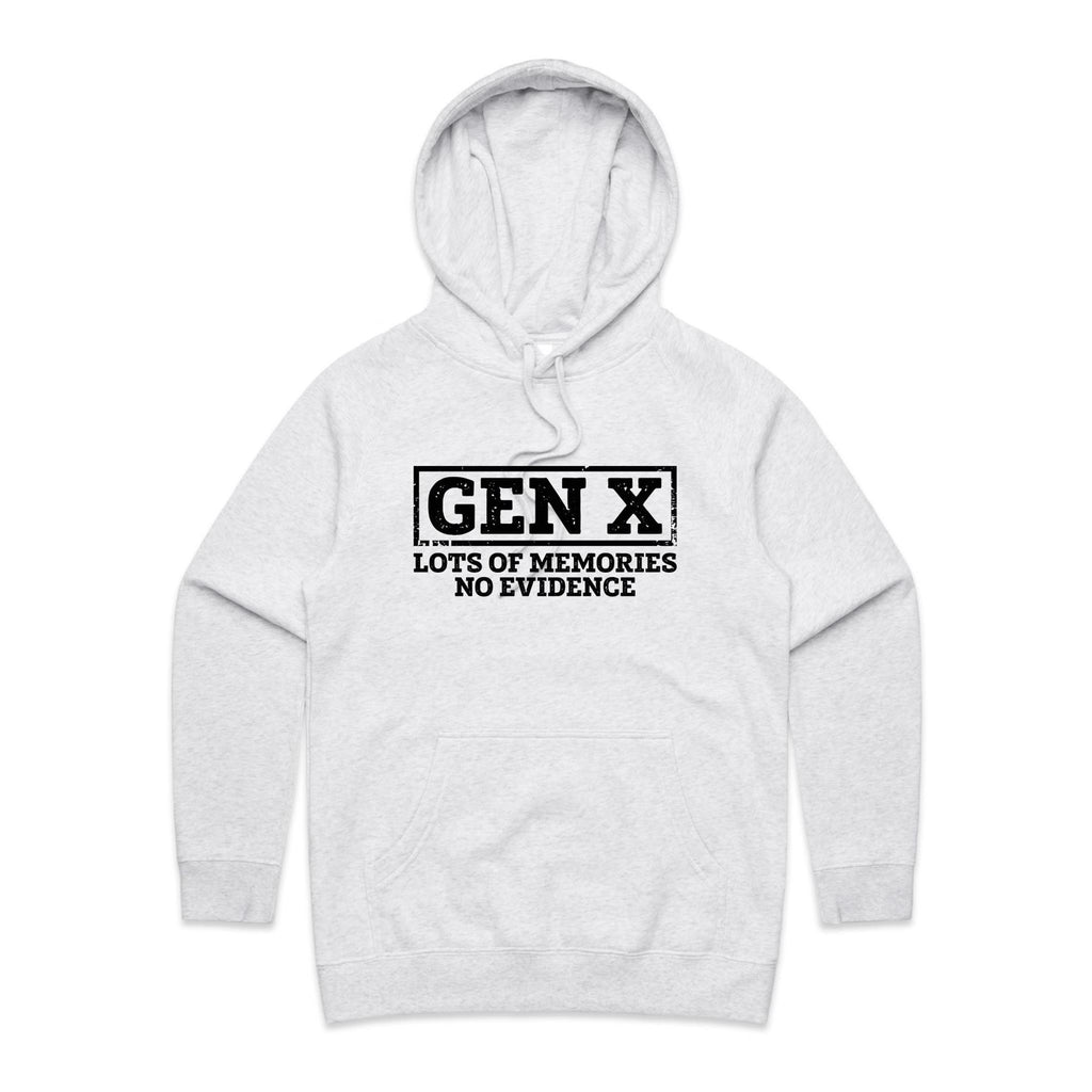 Gen X, Lots Of Memories, No Evidence Women's AS Colour Hoodie White Marle Womens Hoodie Printed In Australia