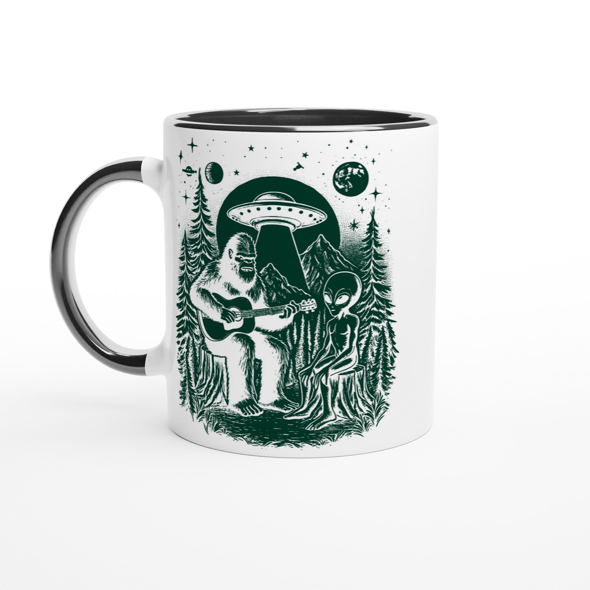 Alien And Bigfoot Play Guitar - White 11oz Ceramic Mug with Color Inside Ceramic Black Colour 11oz Mug Globally Fulfilled Music Sci Fi