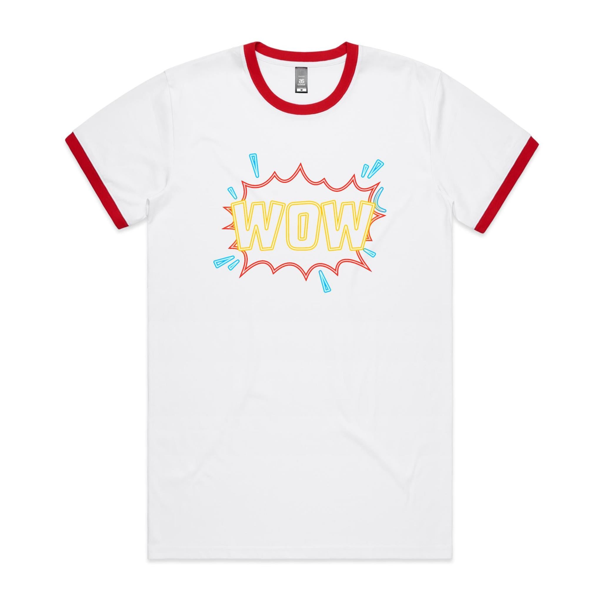 Wow - Staple Ringer Tee White Red Ringer T-Shirt comic Printed In Australia