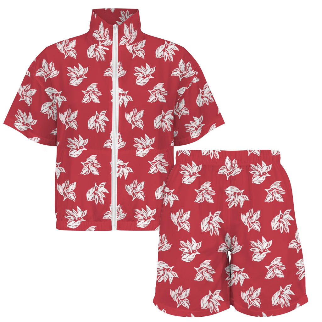 Red Retro Foliage Women's Windbreaker Short Set Women's Windbreaker Short Set Plants Printed Offshore