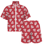 Red Retro Foliage Women's Windbreaker Short Set Women's Windbreaker Short Set Plants Printed Offshore