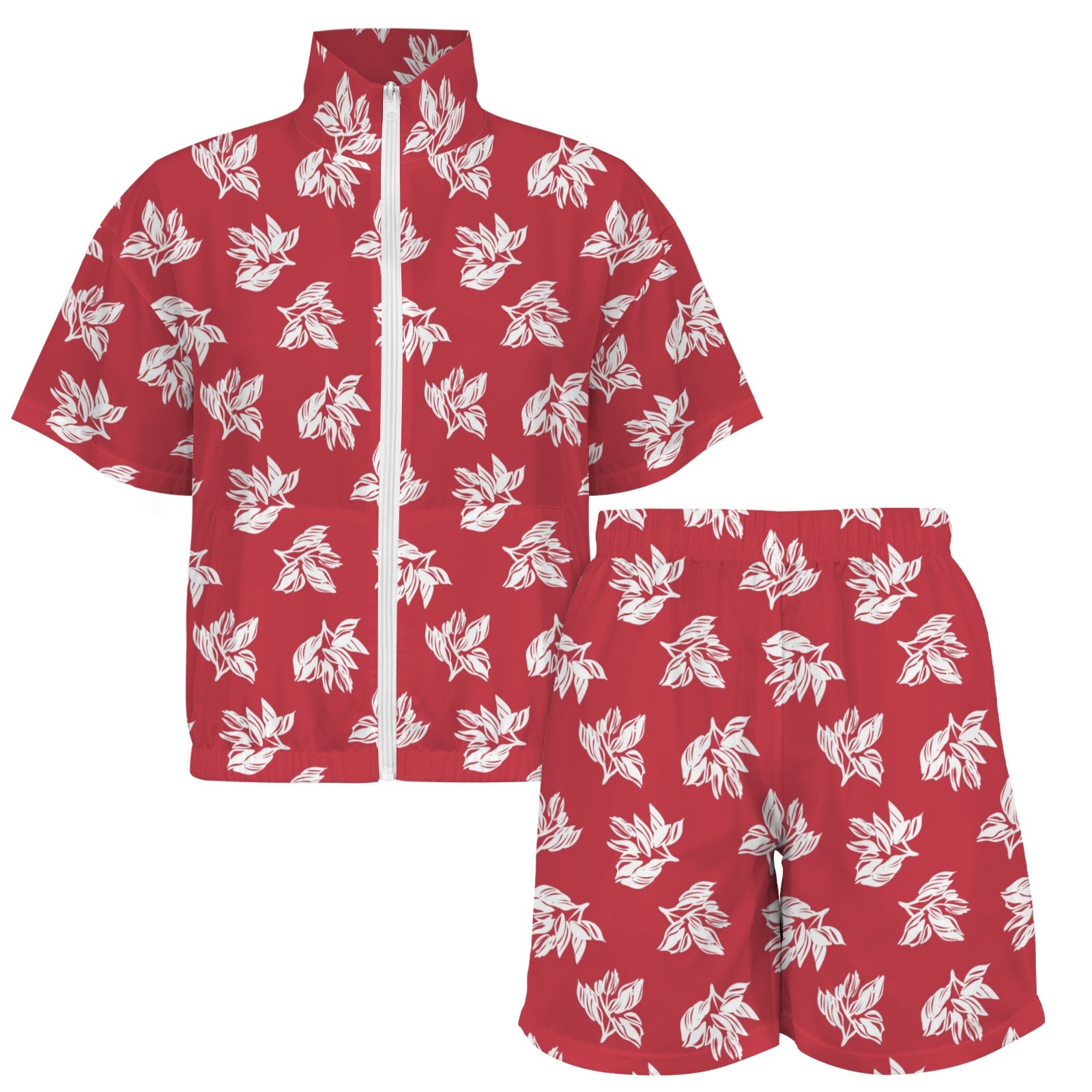 Red Retro Foliage Women's Windbreaker Short Set Women's Windbreaker Short Set Plants Printed Offshore