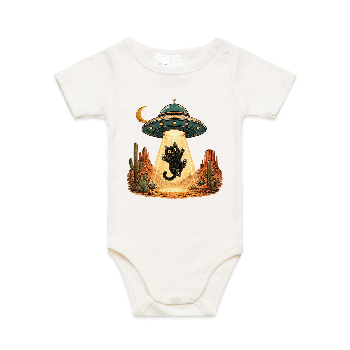 Black Cat Alien UFO Abduction AS Colour Baby Bodysuit