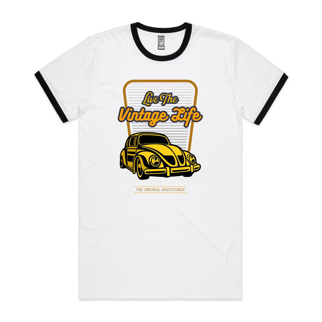 Live The Vintage Life, Car - Staple Ringer Tee White Black Ringer T-Shirt Printed In Australia Retro