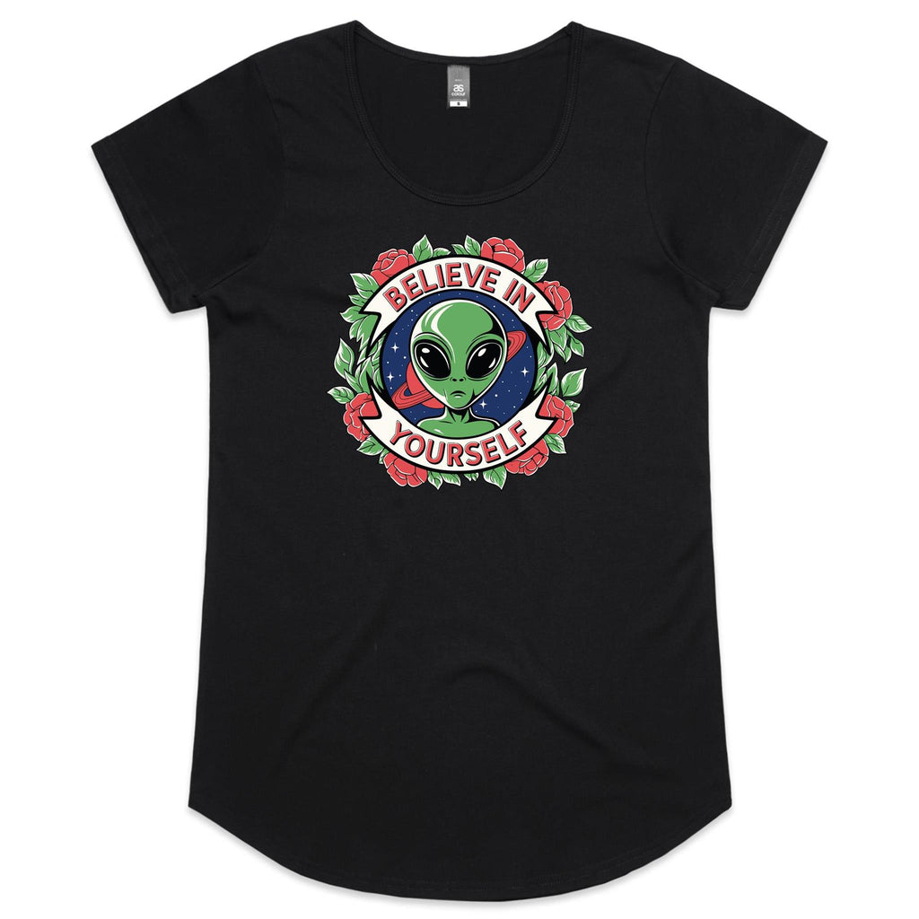 Believe In Yourself, Alien - Womens Scoop Neck T-Shirt Black Womens Scoop Neck T-shirt Motivation Positivity Printed In Australia Sci Fi